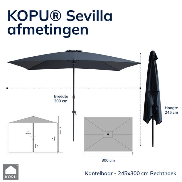 Kopu® Sevilla Parasol Rechthoek 200x300 cm met Hoes - Balkonparasol Grijs