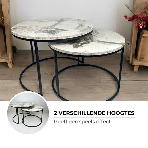 Brück Set van 2 Ronde Salontafels, Salontafel Rond, Marmerlook Wit