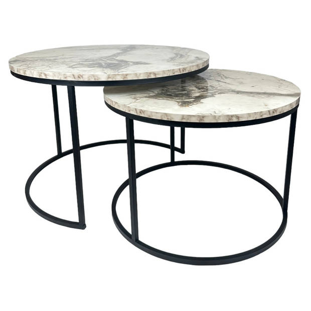 Brück Set van 2 Ronde Salontafels, Salontafel Rond, Marmerlook Wit