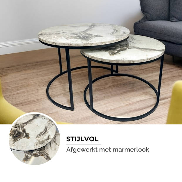 Brück Set van 2 Ronde Salontafels, Salontafel Rond, Marmerlook Wit