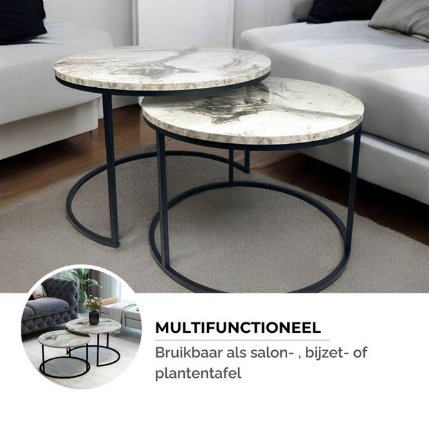 Brück Set van 2 Ronde Salontafels, Salontafel Rond, Marmerlook Wit