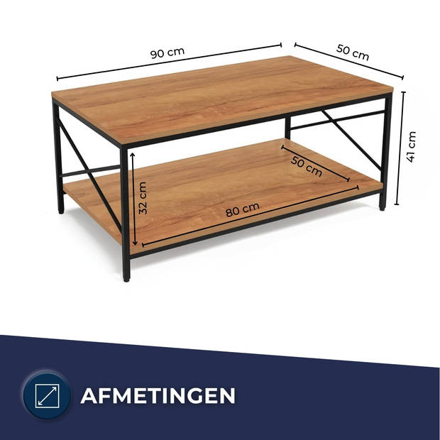 Brück - Salontafel met Gefineerd Houten Blad - 2 Niveau's - Stevig Gepoedercoat Metalen Frame - Salontafels met Opbergru