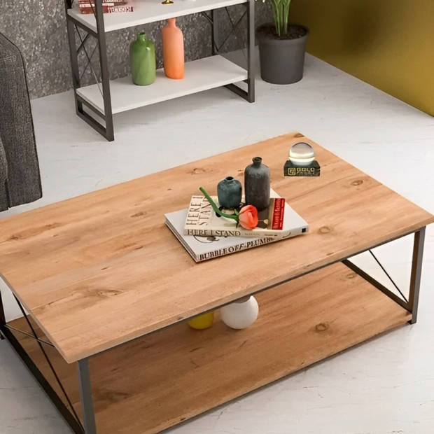 Brück Salontafel met Gefineerd Houten Blad en 2 Niveau's, Stevig Gepoedercoat Metalen Frame