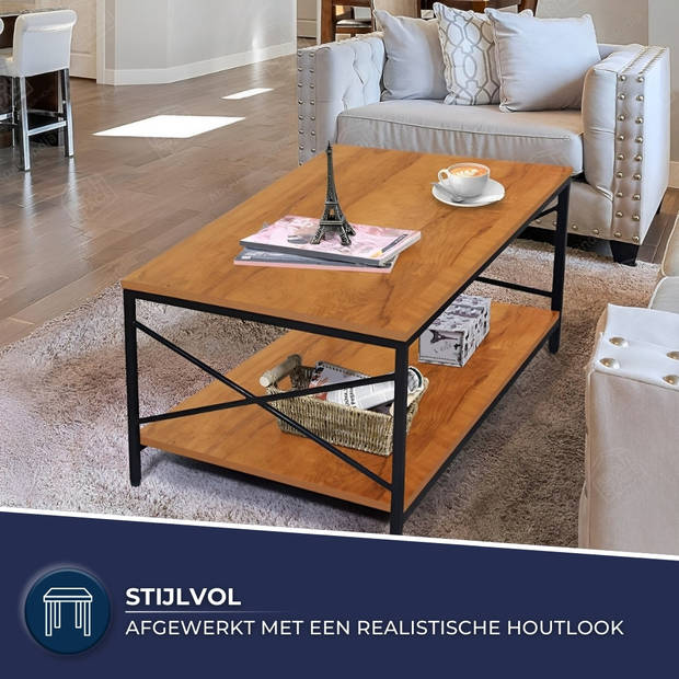 Brück Salontafel met Gefineerd Houten Blad en 2 Niveau's, Stevig Gepoedercoat Metalen Frame