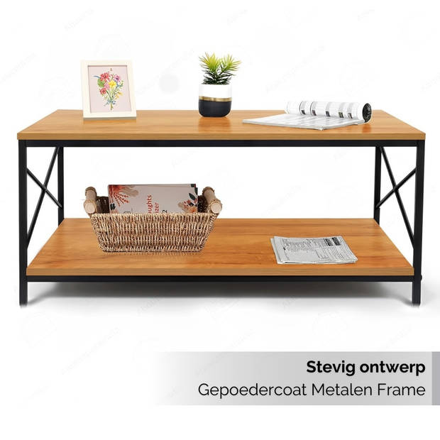 Brück Salontafel met Gefineerd Houten Blad en 2 Niveau's, Stevig Gepoedercoat Metalen Frame