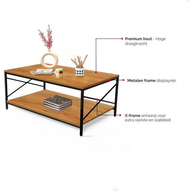 Brück Salontafel met Gefineerd Houten Blad en 2 Niveau's, Stevig Gepoedercoat Metalen Frame