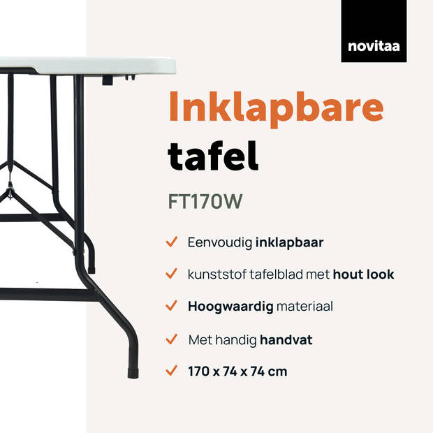 Novitaa Inklapbare Tafel - Camping tafel - Klaptafel - 170 x 74 cm - Vouwtafel - 4 - 6 Personen - Wit - FT170W