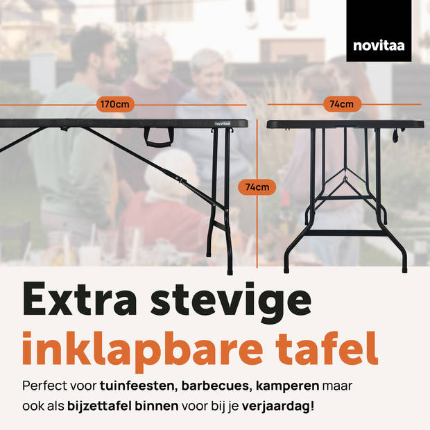 Novitaa Inklapbare Tafel - Camping tafel - Klaptafel - 170 x 74 cm - Vouwtafel - 4 - 6 Personen - Donker bruin - FT170DB