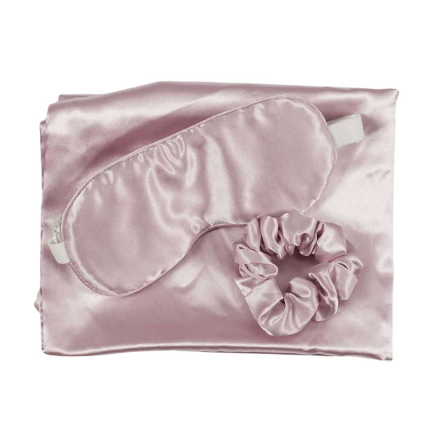 Marbeaux Satijnen Kussensloop 60x60cm Roze Oogmasker Vrouwen Mannen Krullend haar Producten met Slaapmasker en Scrunchie