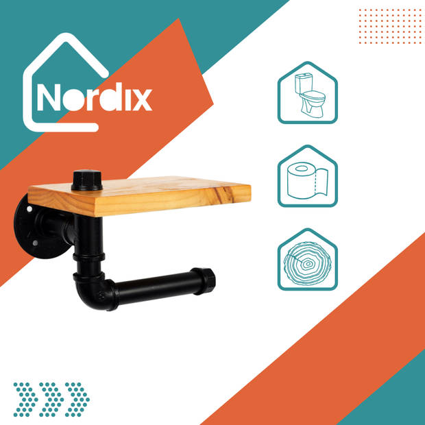 Nordix Wc Rolhouder met Plankje Hout Industrieel Toiletrolhouders Zwart Metaal