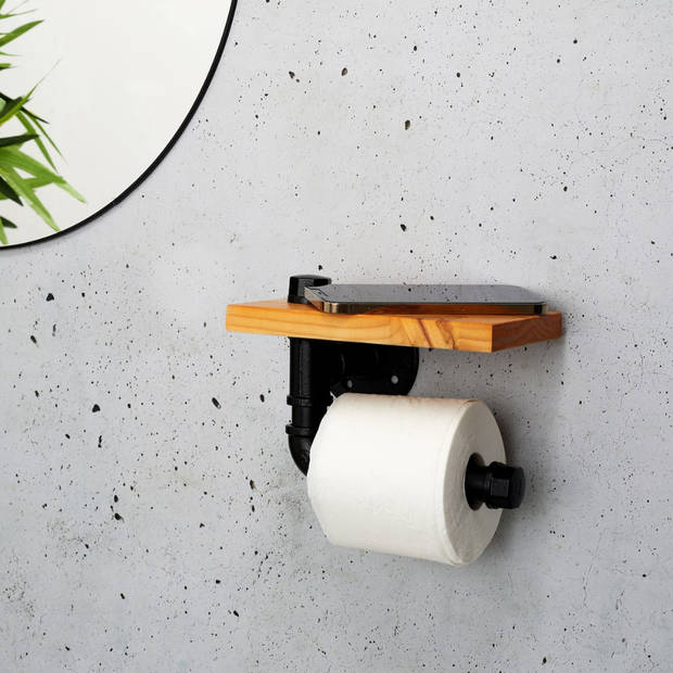 Nordix Wc Rolhouder met Plankje Hout Industrieel Toiletrolhouders Zwart Metaal