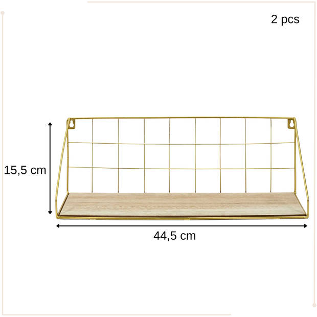 MISOU Zwevende Wandplank 2 Stuks Industrieel Hout Muurdecoratie Goud Boekenrek 44,5x15,5cm Fotoplank Wandrek