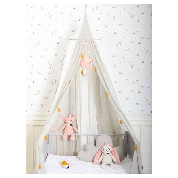 Roommate Canopy Bedhemel wit-grijs Met gele Kwastjes - Junior 240 cm