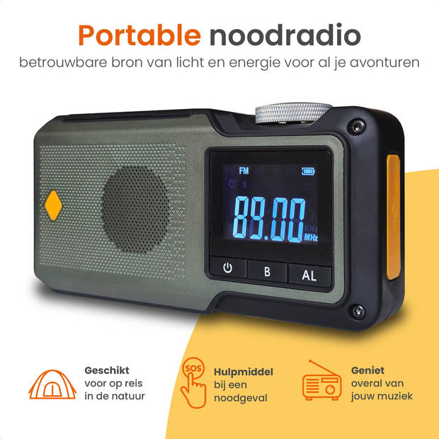 Goliving Noodradio - 17 x 9 x 4 cm - Draagbare Radio – Powerbank Zaklamp Oplaadbaar - Digitale Wekker - Bluetooth