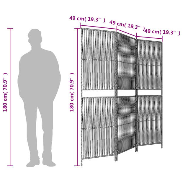 vidaXL Kamerscherm 3 panelen poly rattan grijs