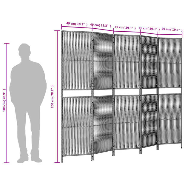 vidaXL Kamerscherm 5 panelen poly rattan zwart