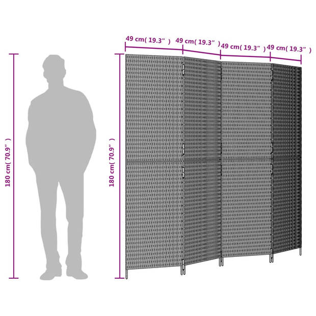 vidaXL Kamerscherm 4 panelen poly rattan grijs