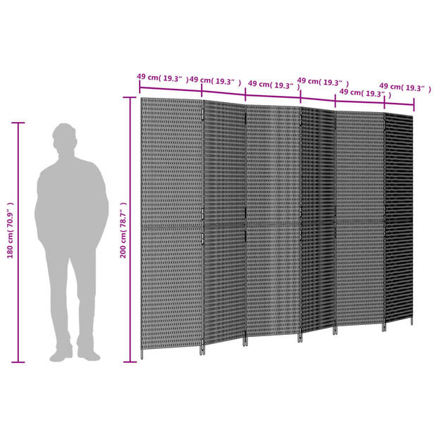 vidaXL Kamerscherm 6 panelen poly rattan grijs