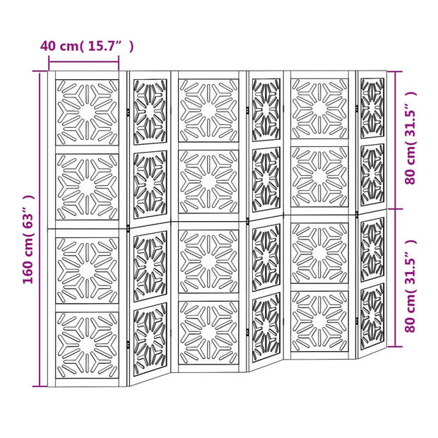 vidaXL Kamerscherm met 6 panelen massief paulowniahout bruin en zwart