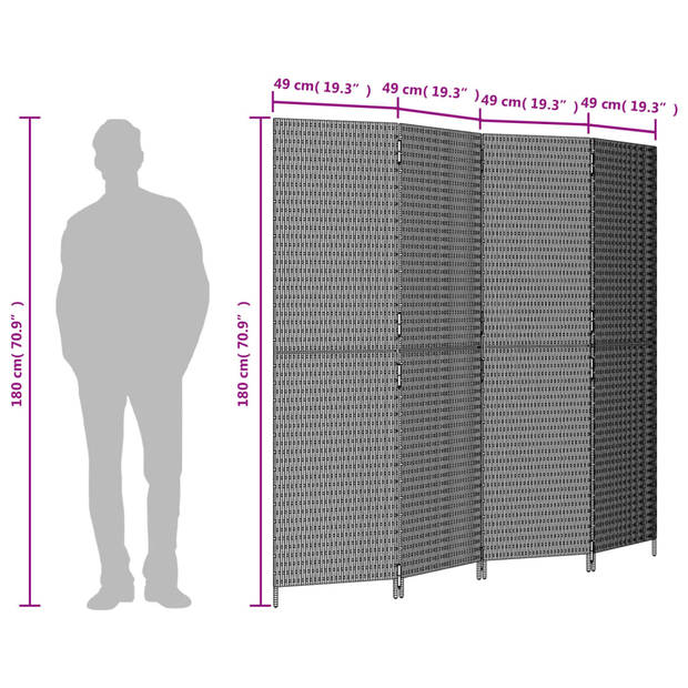 vidaXL Kamerscherm 4 panelen poly rattan zwart