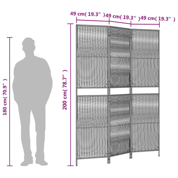 vidaXL Kamerscherm 3 panelen poly rattan zwart