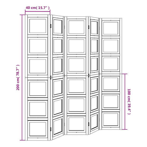 vidaXL Kamerscherm met 5 panelen massief paulowniahout wit