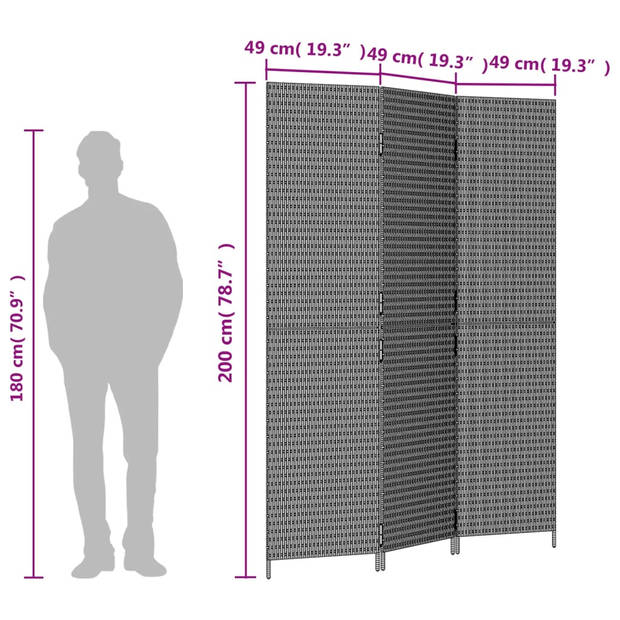 vidaXL Kamerscherm 3 panelen poly rattan grijs