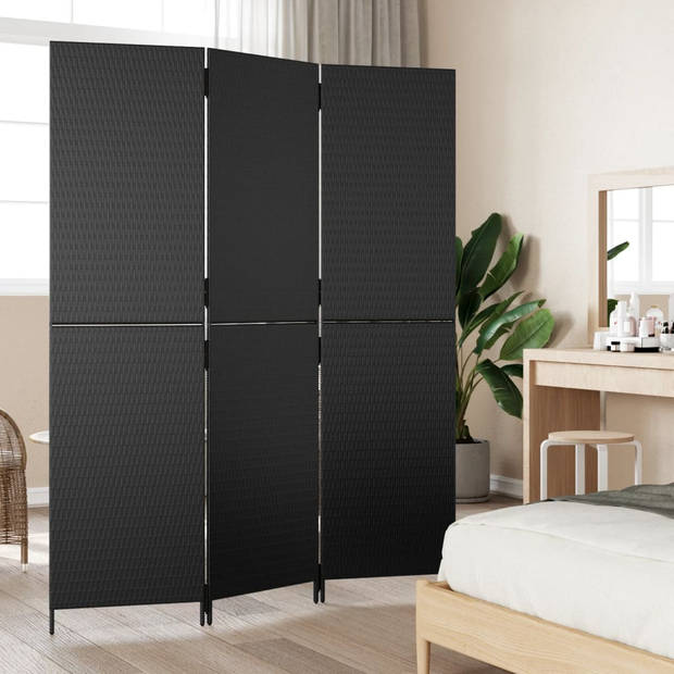 vidaXL Kamerscherm 3 panelen poly rattan zwart