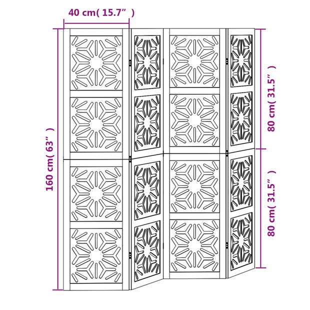 vidaXL Kamerscherm met 4 panelen massief paulowniahout bruin en zwart