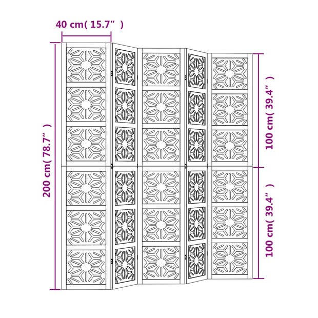 vidaXL Kamerscherm met 5 panelen massief paulowniahout bruin en zwart