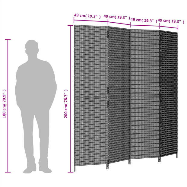 vidaXL Kamerscherm 4 panelen poly rattan zwart