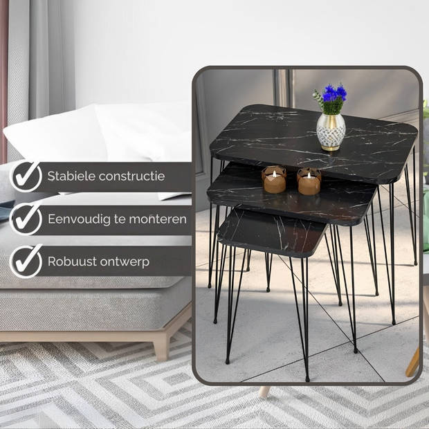 Brück Salontafel met 3 Bijzettafels van Gepoedercoat Metalen Frame, Bijzettafel Rechthoekig in 4 Hoogtes, Marmerlook