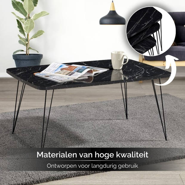 Brück - Salontafel met 3 Bijzettafels van Gepoedercoat Metalen Frame - Bijzettafel Rechthoekig in 4 Hoogtes - Marmerlook