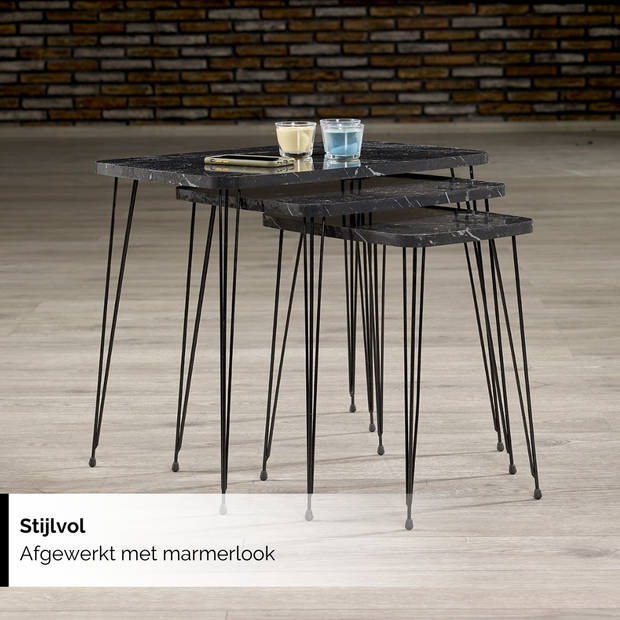 Brück Salontafel met 3 Bijzettafels van Gepoedercoat Metalen Frame, Bijzettafel Rechthoekig in 4 Hoogtes, Marmerlook