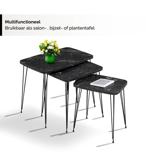 Brück - Salontafel met 3 Bijzettafels van Gepoedercoat Metalen Frame - Bijzettafel Rechthoekig in 4 Hoogtes - Marmerlook