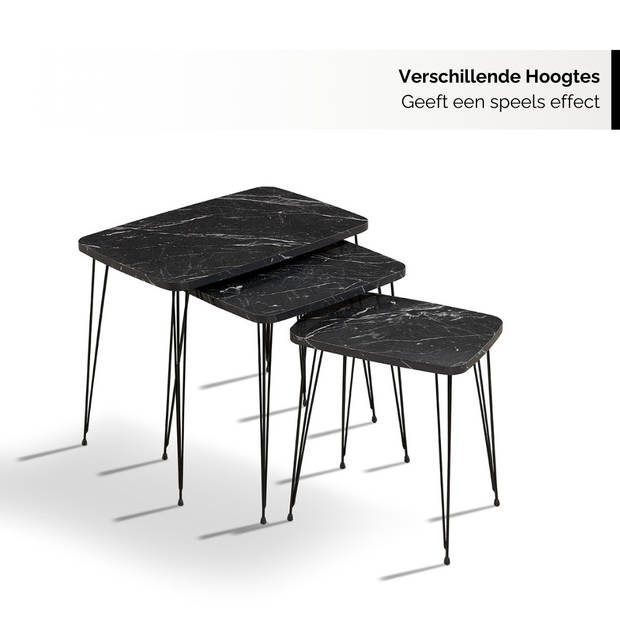 Brück Salontafel met 3 Bijzettafels van Gepoedercoat Metalen Frame, Bijzettafel Rechthoekig in 4 Hoogtes, Marmerlook