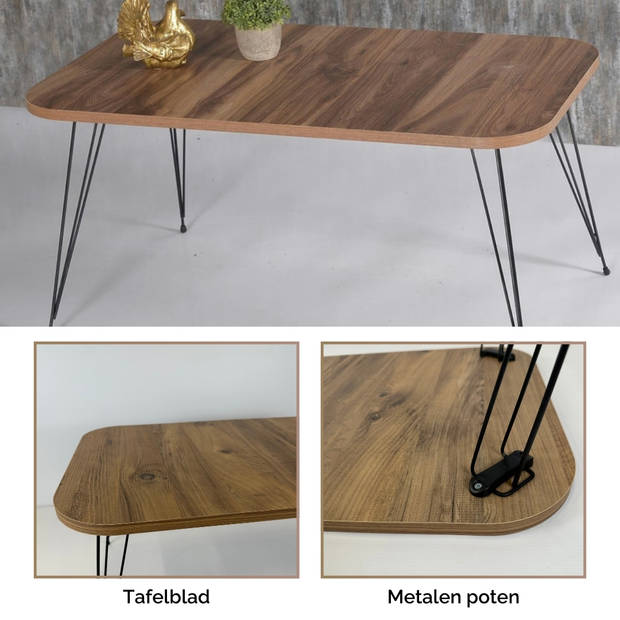 Brück Salontafel met 3 bijbehorende Bijzettafels, Salontafel 4-Delig met Gepoedercoat Frame, Bruin/Hout