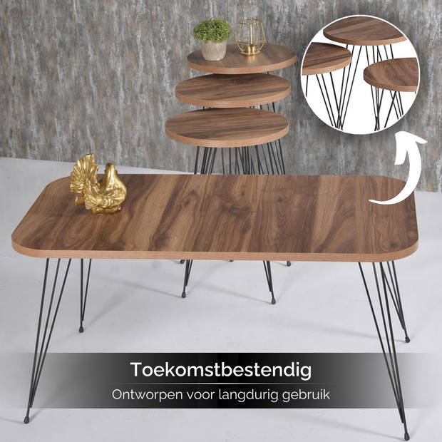 Brück Salontafel met 3 bijbehorende Bijzettafels, Salontafel 4-Delig met Gepoedercoat Frame, Bruin/Hout