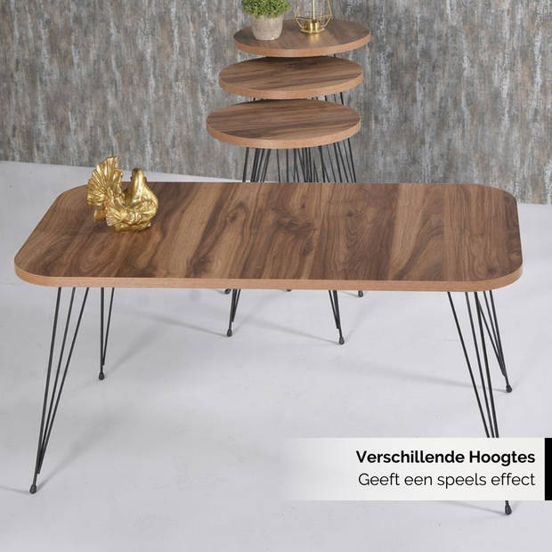 Brück - Salontafel met 3 bijbehorende Bijzettafels - Salontafel 4-Delig met Gepoedercoat Frame - Bruin/Hout