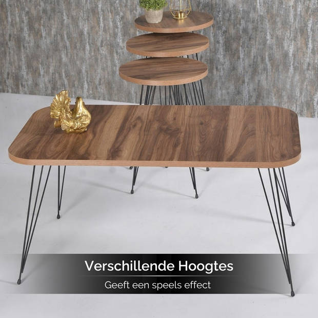 Brück Salontafel met 3 bijbehorende Bijzettafels, Salontafel 4-Delig met Gepoedercoat Frame, Bruin/Hout