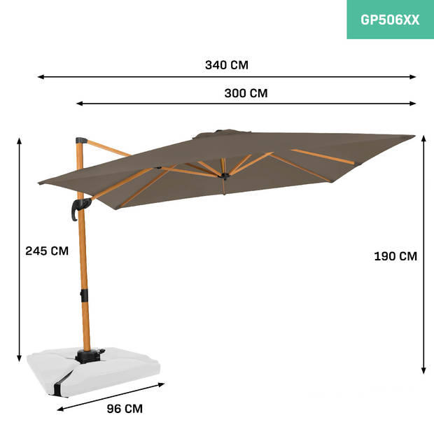 VONROC Premium Zweefparasol Pisogne 300x300cm – Incl. kruisvoet & beschermhoes – Vierkante parasol – 360 ° Draaibaar - K