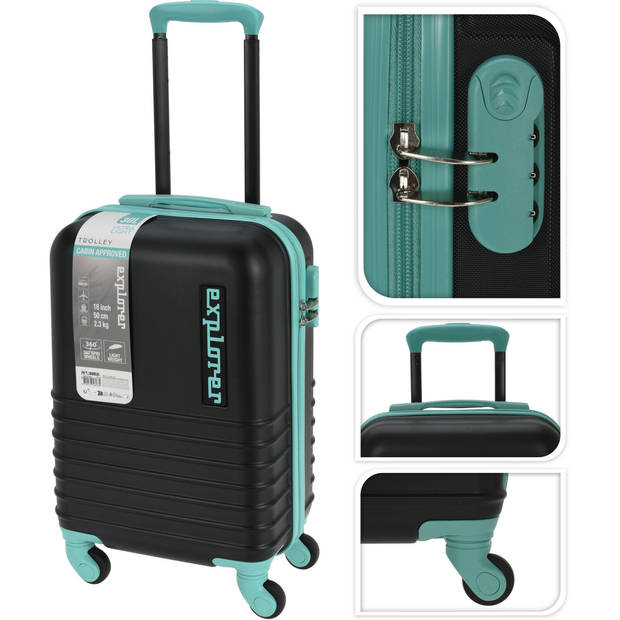 Cabine handbagage reis trolley koffer - zwenkwielen - 34 x 22 x 52 cm - 30 liter - zwart/mint - Handbagage koffers