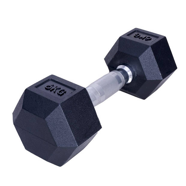 Dumbbell hexagon - zwart rubber - 6 kg - set van 2