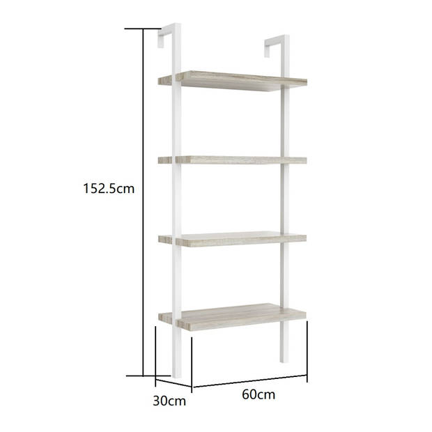 Wandrek ladder boekenkast Stoer - industrieel metaal hout - 152 cm hoog - wit