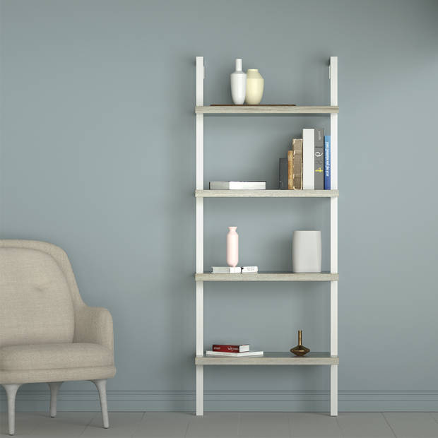 Wandrek ladder boekenkast Stoer - industrieel metaal hout - 152 cm hoog - wit