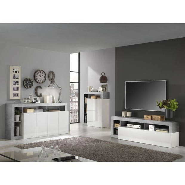 Maestro buffet - betondecor en glanzend gelakte wit - 4 deuren - l 184 x d 42 x H 93 cm