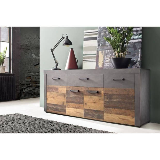 INDY laag dressoir 4 deuren en 1 lade - Verouderd hout en mat grijze melamine - L 178 x D 40 x H 77 cm