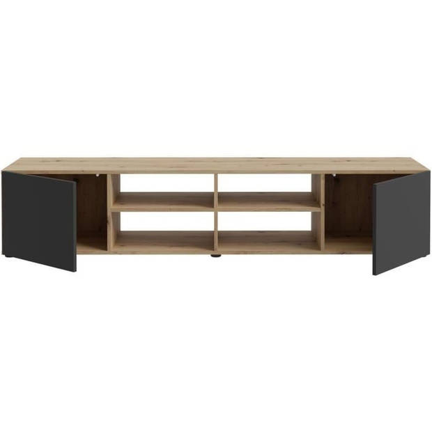 PILVI TV-meubel - Eigentijdse stijl - Eiken en zwart decor - 2 deuren + 4 nissen - L 180 x D 42 x H 37 cm