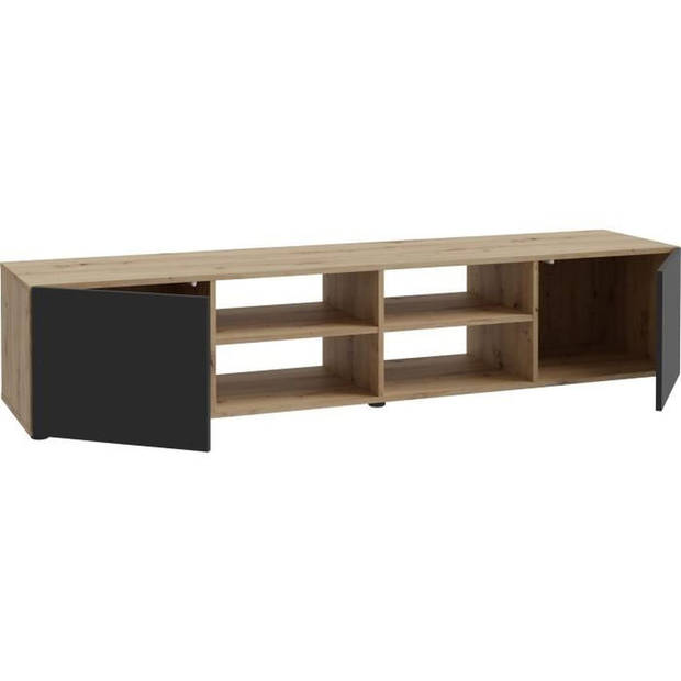 PILVI TV-meubel - Eigentijdse stijl - Eiken en zwart decor - 2 deuren + 4 nissen - L 180 x D 42 x H 37 cm