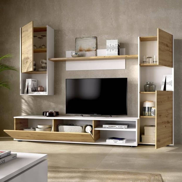 LUKA TV-wandmontage - Wit melamine en ambachtelijk eikenhout - 4 deuren - L220 x D41 x H180 cm